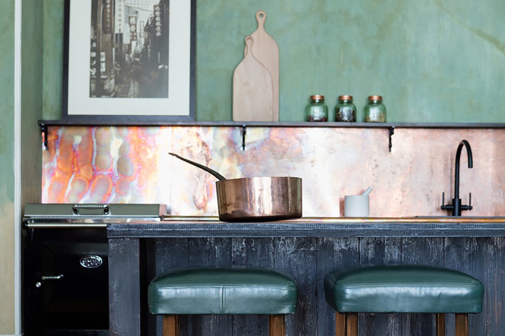 Burnt cedar and copper kitchen with green walls for George Clarke's, Old house New Home