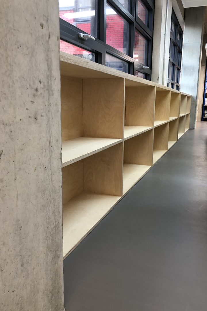 Birch Ply low level shelves as part of a joinery package for the English National Ballet