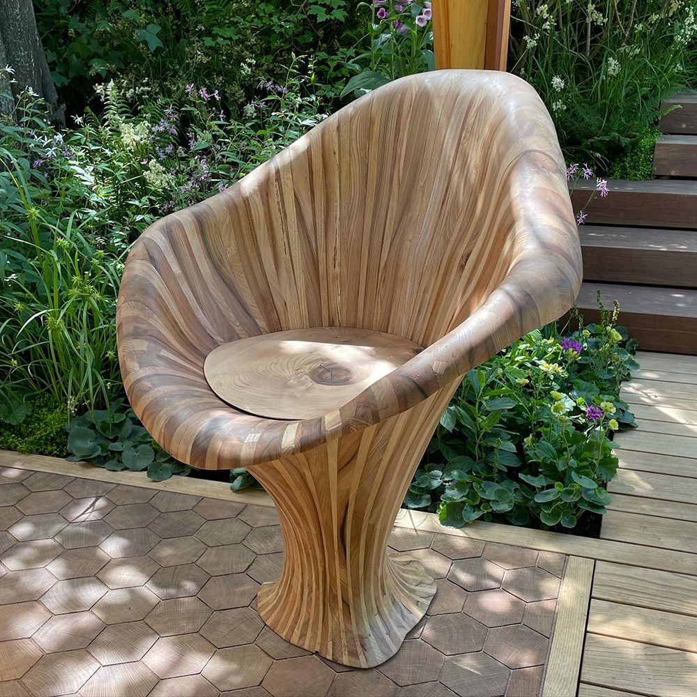 curves of the chanterelle mushroom chair from the Meta garden, RHS Chelsea Flower show