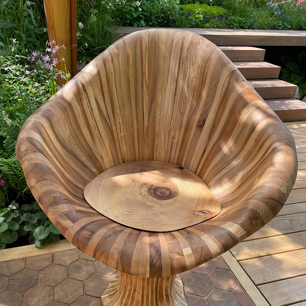 Seat view of the chanterelle mushroom chair from the Meta garden, RHS Chelsea Flower show