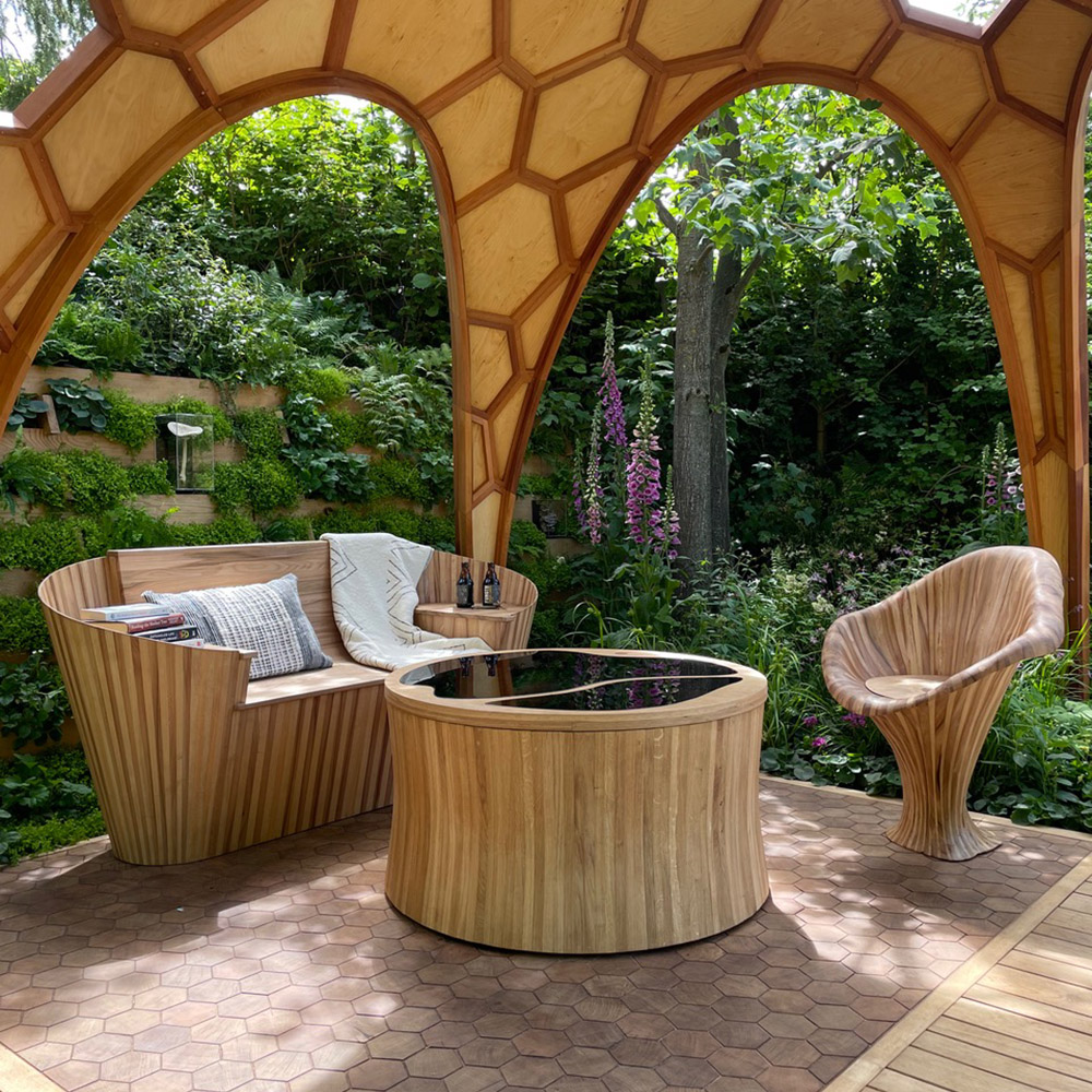 close view of the bespoke furniture at the meta garden RHS Chelsea flower show
