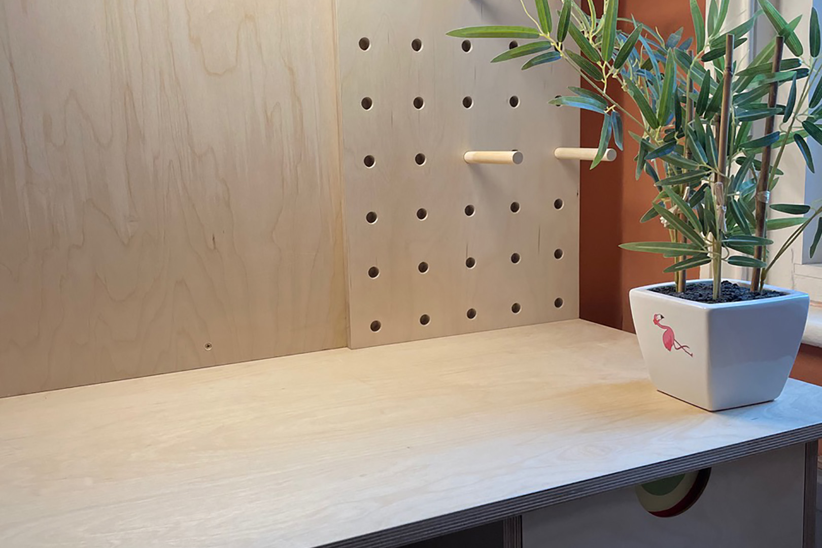 Birch Plywood desk with drawers and a pegboard
