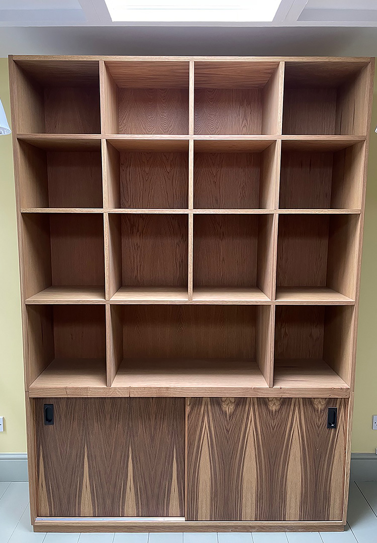 face on view of the Oak kitchen dresser and cupboard below with sliding doors