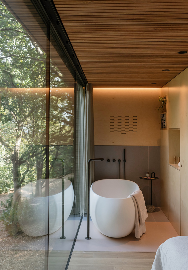 modern freestanding bathtub, plywood walls and glazed side in the looking glass lodge