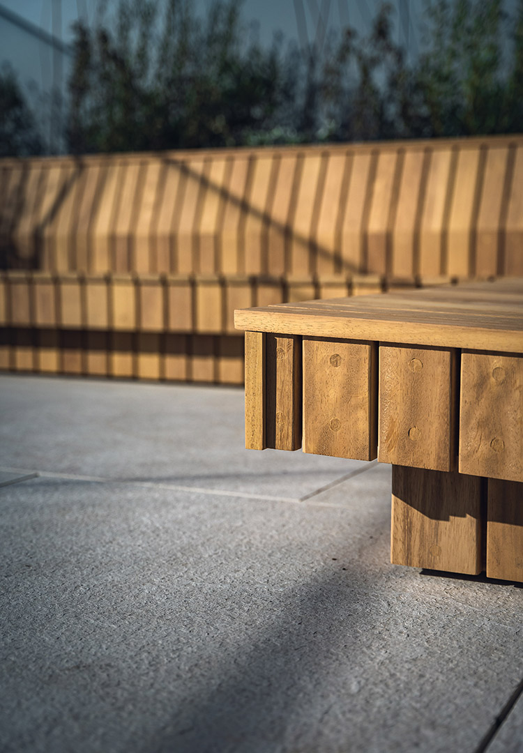 close up view of the mitred corner and capping on the Iroko terrace furniture