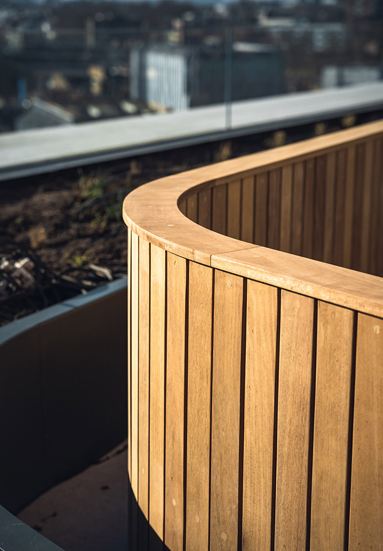 Close up view of the Iroko slats on Luxury outdoor furniture made by Johnson Bespoke