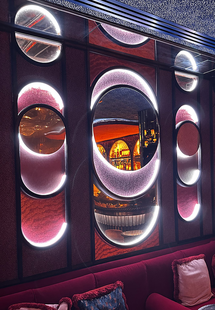 Circular illuminated wall screen with mirrors and fabricat NYX-LDN